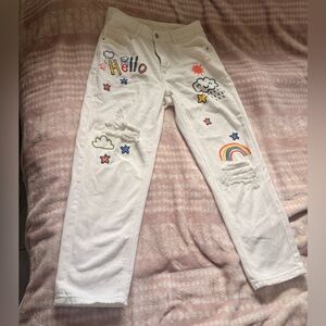 White Straight Leg Jeans with Rainbow & Cloud Graphics
